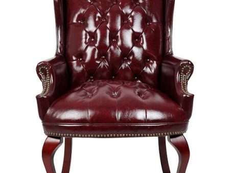 Elegant Mahogany Wood Finish Vintage Designer Wingback Traditional  Burgundy Armchair on Sale