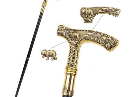 Gold Luxury Bear Handle Curve Line Type Walking Cane Fashion Gentleman Walking Stick on Sale