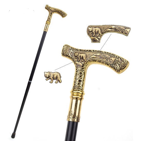 Gold Luxury Bear Handle Curve Line Type Walking Cane Fashion Gentleman Walking Stick on Sale