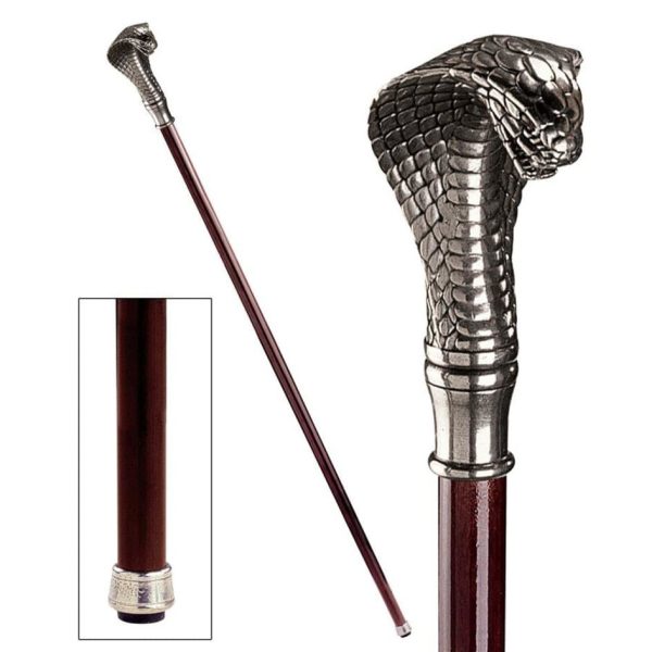 Italian Solid Hardwood Cobra  Pewter Walking Stick Collectible Gift For Sale