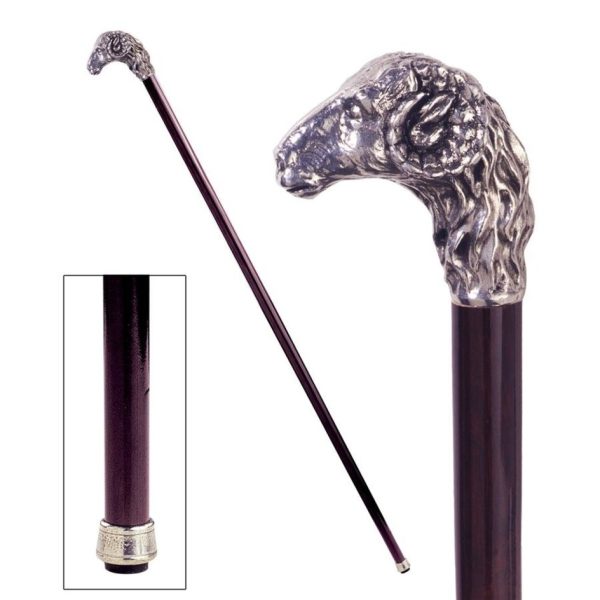 Italian Solid Hardwood Emperor s Ram Pewter Walking Stick Collectible Gift For Discount