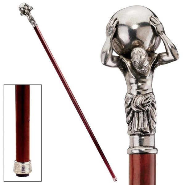 Italian Solid Hardwood Atlas Pewter Walking Stick Collectible Gift Discount