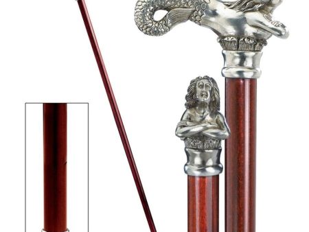 Italian Solid Hardwood Elegant Mermaid Pewter Walking Stick Collectible Gift on Sale