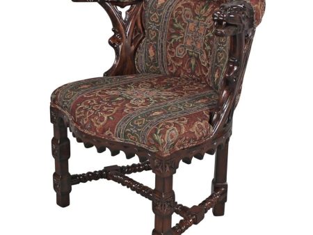 Gothic Style  English library Solid Mahogany Chair with Heraldic Griffin Fabric For Cheap