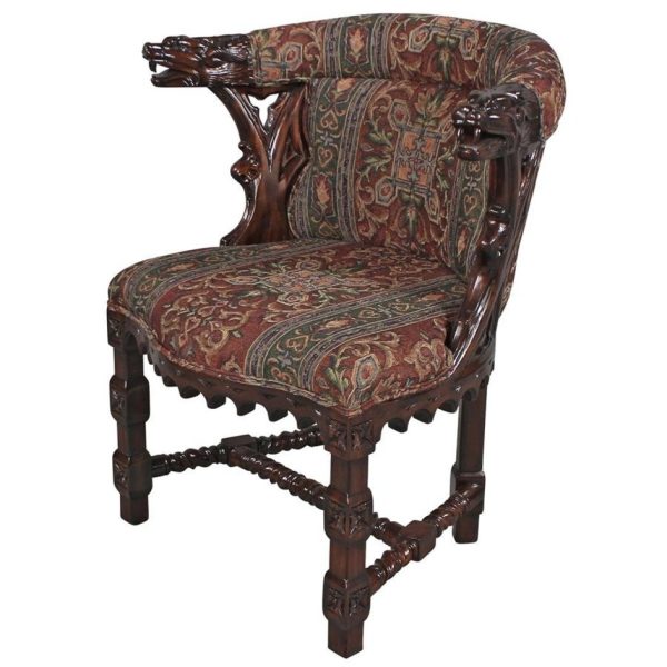 Gothic Style  English library Solid Mahogany Chair with Heraldic Griffin Fabric For Cheap