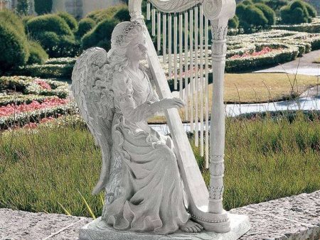 Angel Paying Harp With Real 10 Quality Chimes Large Garden Statues For Discount