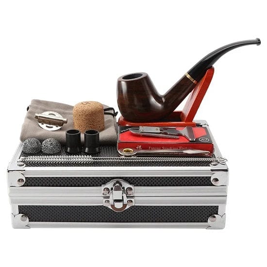 Classic Handmade Ebony Pipe Complete Set with Accessories Paired with Aluminum Alloy Gift Box Supply