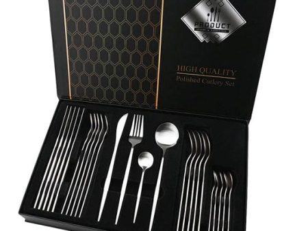 24pcs Black Gold Silver Upscale Tableware Dinnerware Stainless Steel Cutlery Sets In Gift Box Supply