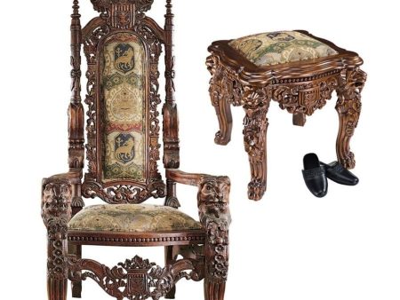 Medieval Antique Replica Solid Mahogany Throne Arm Chair and Ottoman Set By Artist Lord Raffles Discount