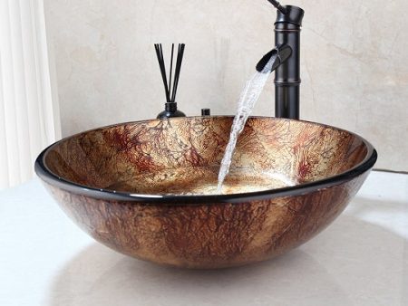 Tempered Glass Brown Bamboo Sink Bath Waterfall Spout Basin Sink with Faucet Combination Fashion