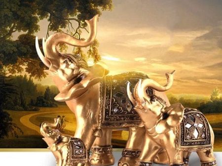 Golden Fortune Elephant Famiy Hand Made Sculpture Symbolize Welth, Happiness and Prosperity Sale