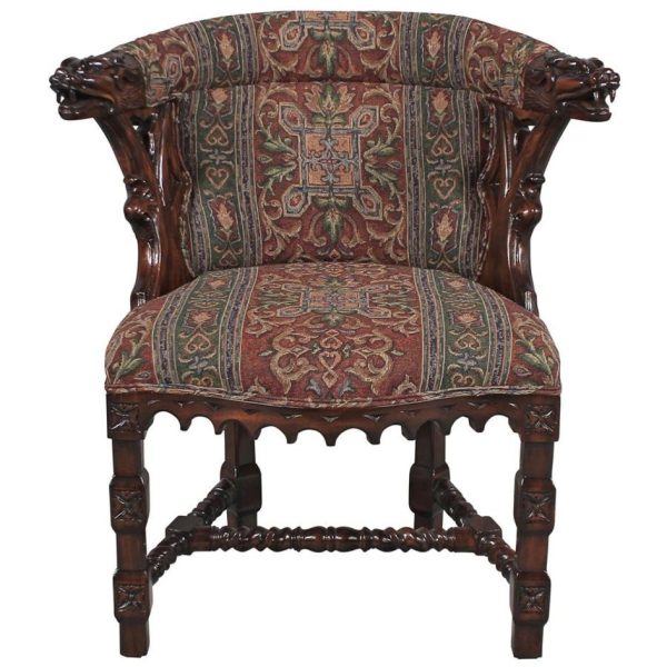 Gothic Style  English library Solid Mahogany Chair with Heraldic Griffin Fabric For Cheap