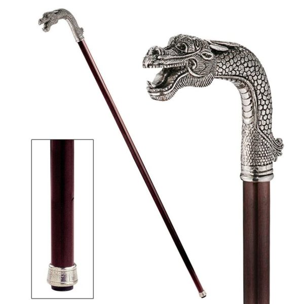 Italian Solid Hardwood  Asian Dragon Pewter Walking Stick Collectible Gift Cheap