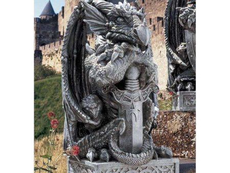 Arthurian Medieval Dragon Garden Statue With  Sword By Artist Gary Chang Fashion