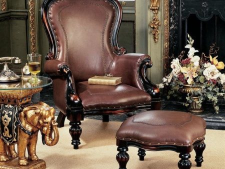 Victorian Style Rococo Mahogany Faux Leather Wing Chair and Ottoman Set For Sale