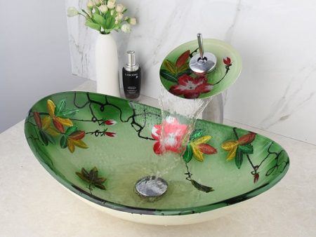 Oval Tempered Glass Hand Painted Waterfall Spout Basin Sink with Faucet Combination Fashion